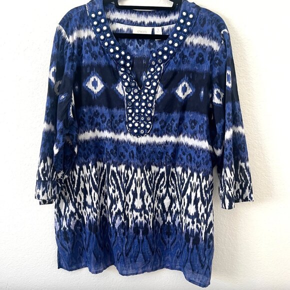 Chico's Tops - Chicos Sz XL / 3 Blue V Neck 3/4 Sleeve Tunic Top Boho Lightweight Cotton Mirror